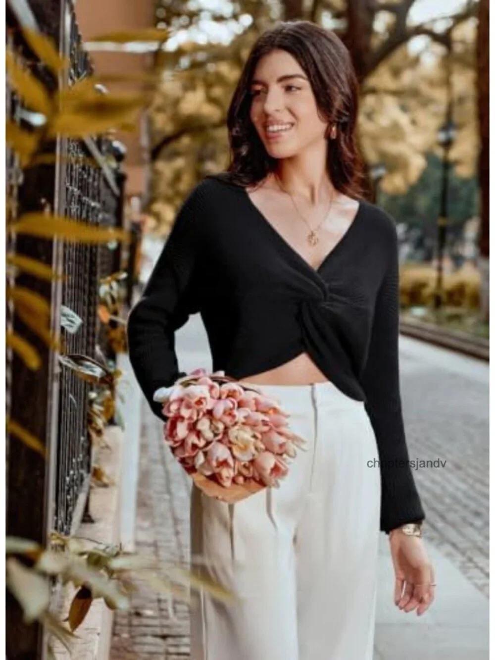 Deep V Neck Twist Front Cropped Knit Sweater Long Sleeve Pullover